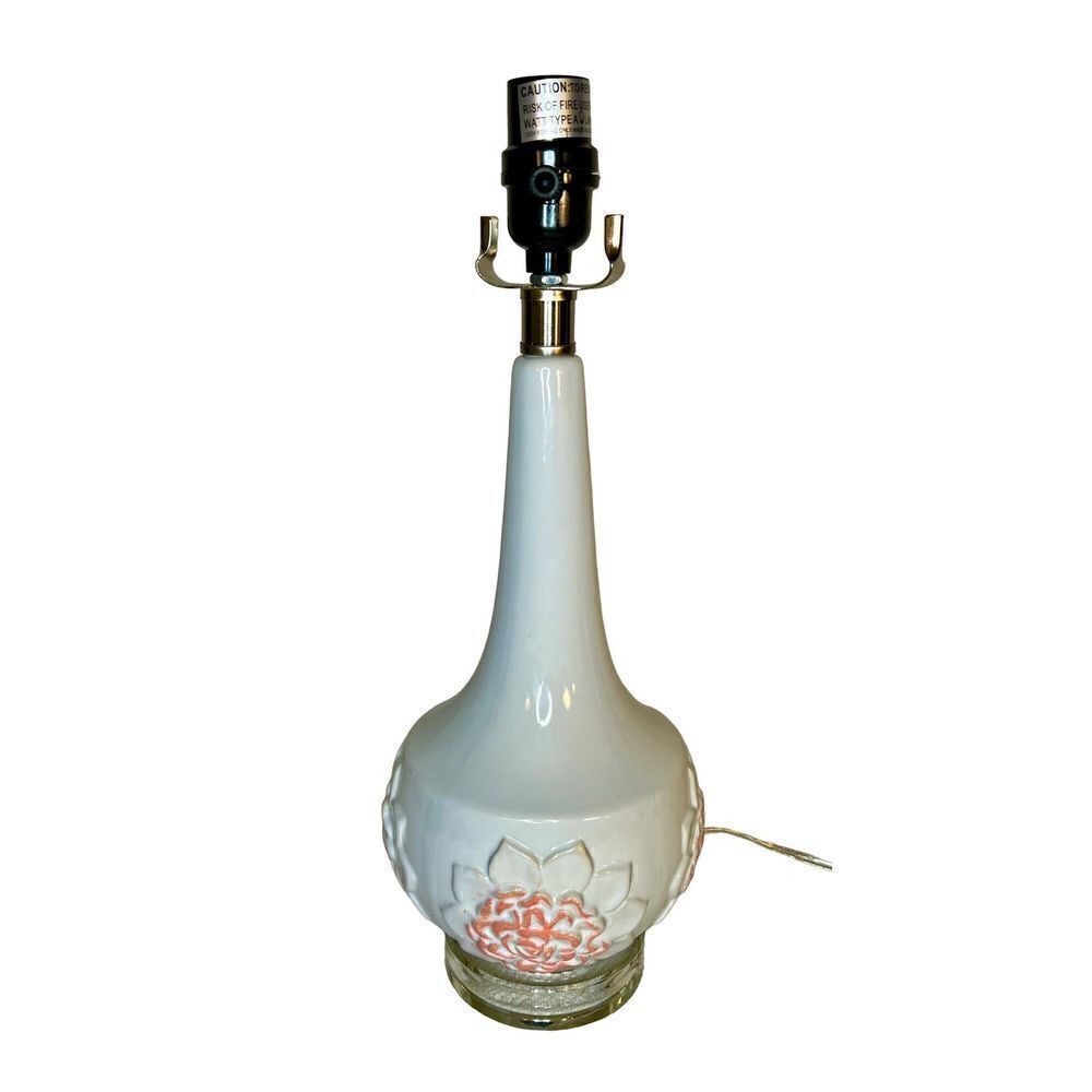 Modern Ceramic Table Lamp W/ White & Pink Lotus Flower Carving NWOT